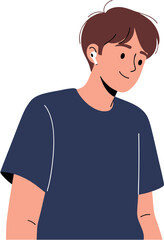 Flat vector illustration of a friendly young man in a blue shirt with a wireless earbud in his ear, enjoying his favorite playlist or podcast