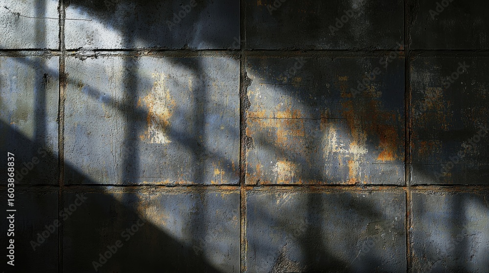 Poster a weathered metal wall with a grid pattern and patches of rust.
