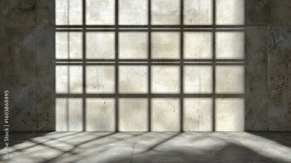 Poster a large window with a grid pattern casts a shadow on the floor.