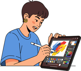Digital Art Creation Person Using Graphic Tablet and Stylus for Digital Painting