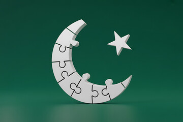 Symbolic crescent moon and star crafted from interlocking puzzle pieces, representing unity, connection, and problem-solving in a modern abstract concept.
