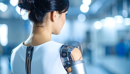 Woman with Robotic Arm Looking Away in Futuristic Setting