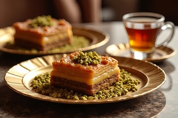 Golden Pistachio Baklava with Turkish Tea
