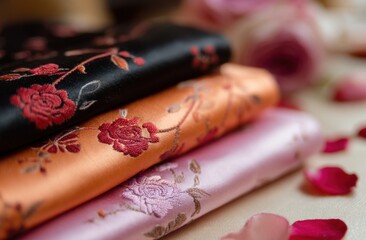Luxurious fabrics with delicate floral embroidery create a soft and elegant composition perfect for backgrounds and design elements.