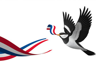 Joyful bird soars with vibrant national ribbon, symbolizing freedom, patriotism, and celebration of heritage.