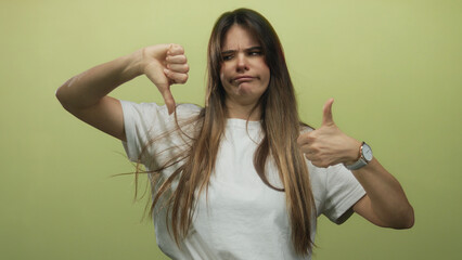 Young hispanic woman smiling and gesturing thumbs up and down against an isolated yellow background...