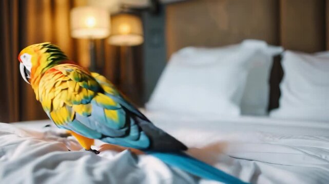 Lush green and yellow parrot with striking eyes, perched on a white bed in a tastefully decorated hotel room.