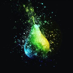 Vibrant pear exploding in a burst of color