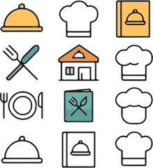 restaurant cooking icon set with cloches chef hats menus and utensils in dual styles
