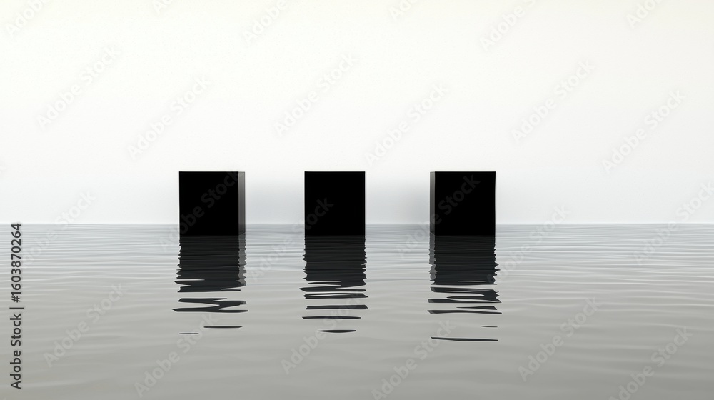 Poster three black rectangular blocks in a row on a calm body of water.