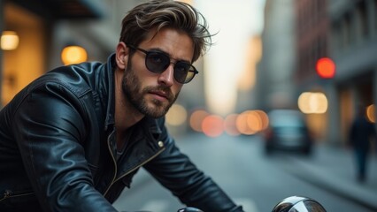 Outdoor motorcycle portrait scene