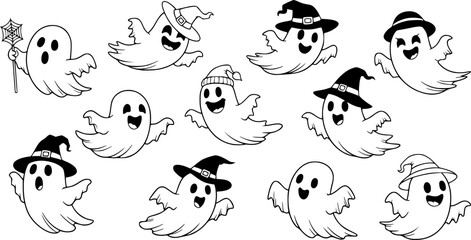 Obraz premium black and white vector illustration of a group of cute Halloween ghosts, on white background