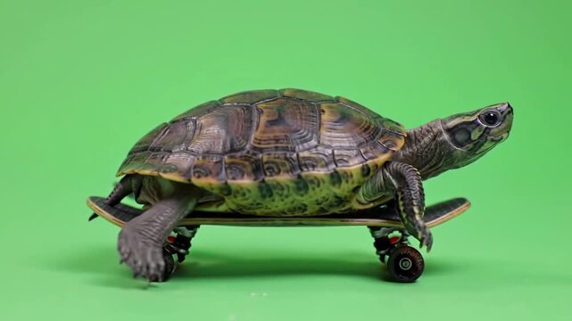 A turtle skateboarding on a green background in a playful and unique motion sequence