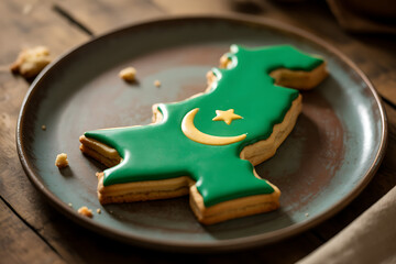 Delicious Pakistan map shaped cookie with green icing and crescent moon star, a sweet patriotic treat
