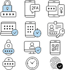 two factor authentication 2fa digital security icon set in flat pastel vector style