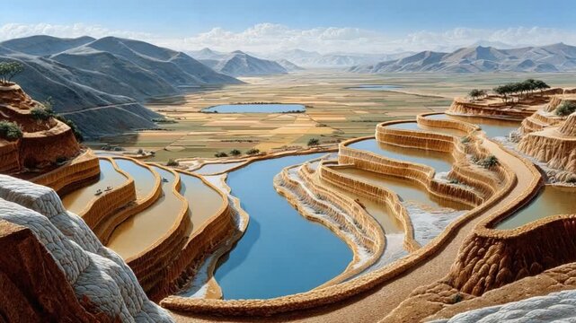Terraced Pools Amidst Mountains: The mesmerizing display of tiered pools, carved into the earth, mirrors the cerulean sky, with rolling hills and vast plains meeting at the horizon