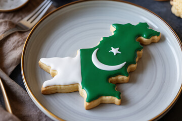 Celebrate Pakistan's spirit with a delicious cookie shaped like the nation, adorned with flag colors and symbols, perfect for national holidays.