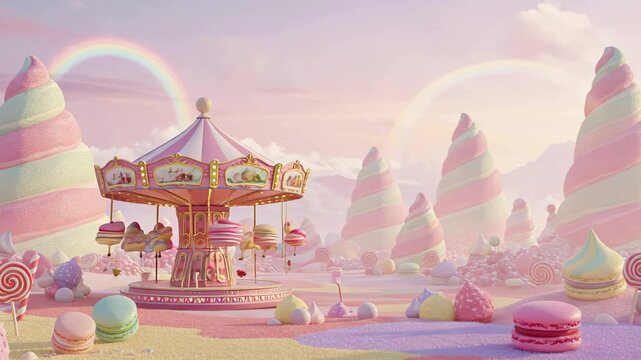 Magical candyland carousel spins in enchanting pastel wonderland with rainbows