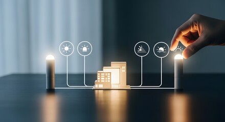 A person's hand managing a smart building's energy efficiency with a futuristic digital interface and icons for sustainability and security