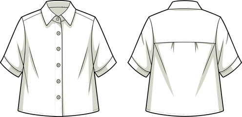 CAD drawing flat vector illustration of short sleeve shirt with collar, front button placket, back yoke, modern casual fashion design