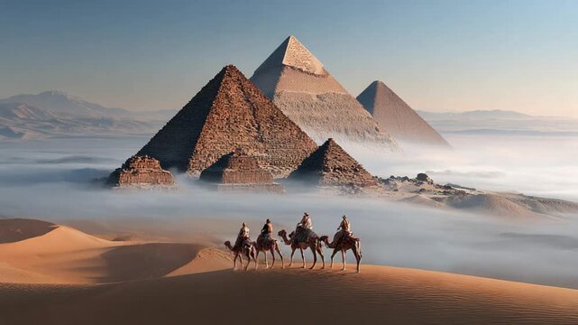 Mystical Pyramids: A majestic scene unfolds with the iconic pyramids of Egypt emerging through a sea of mist, a camel caravan adding a touch of adventure to the ancient landscape.