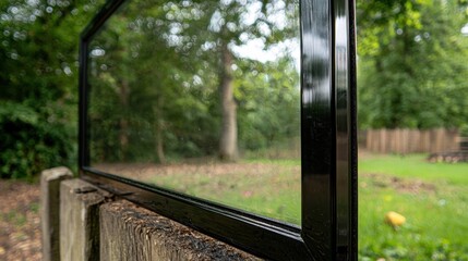 A black framed window in a wooden fence.