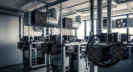 Industrial interior featuring complex machinery, ventilation systems, and pipes, suggesting a technological or manufacturing environment.