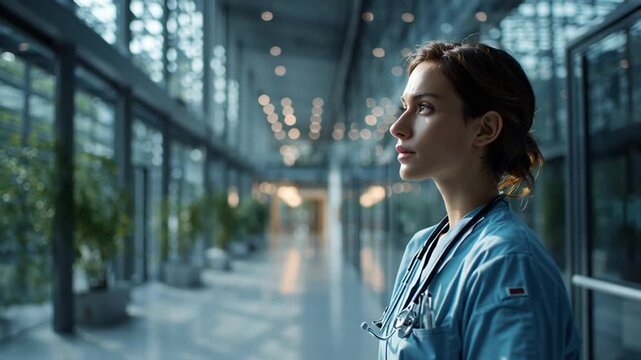 Thoughtful medical professional walking in clinical hallway with futuristic lighting, representing focus and resilience &ndash; Video 4K UHD 60fps
