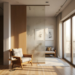  Hybrid wooden and glass divider with etched patterns, creating a natural and artistic division between a modern living room and reading nook