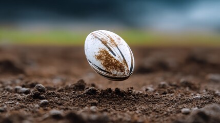Rugby ball is on the ground in a field. The ball is dirty and has a few brown spots on it