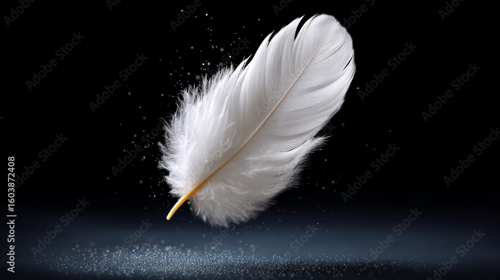 Poster white feather is floating in the air. the feather is light and delicate, and it seems to be floating
