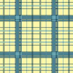 seamless plaid design blends light yellow tones with  light blue and blue crosshatch lines. The pattern creates a comforting, rustic feel suitable for autumn-inspired clothing, cozy interior.