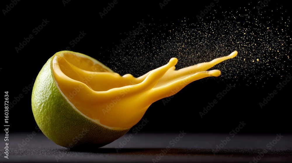 Poster lime is sliced open and the juice is splashing out of it. the lime is surrounded by a yellow liquid,