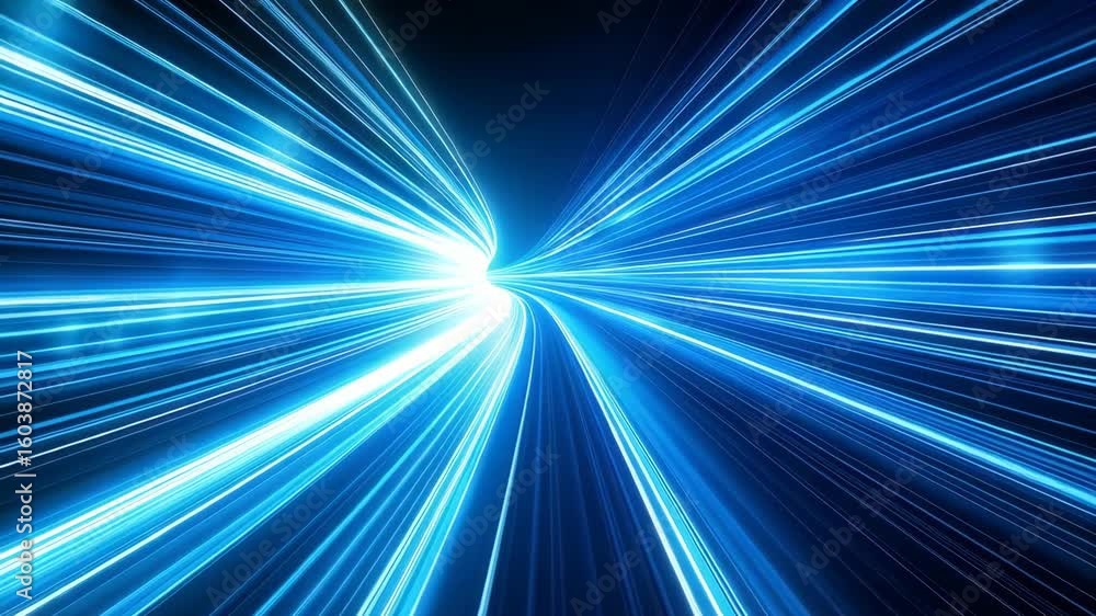 Poster futuristic blue light trails accelerating through a tunnel creating a sense of high speed and connec