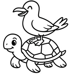 Cartoon Seagull Riding on Turtle Line Art Animals Illustration