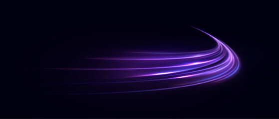 Curved purple light trails on dark background with motion blur. Futuristic speed effect for sci-fi UI and visual design.