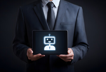 Businessman Presenting AI Chatbot on Tablet: Futuristic Technology Concept