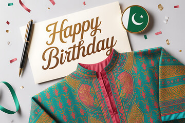 Celebrate special occasions with festive Pakistani cultural attire and a golden 'Happy Birthday' message, perfect for heartfelt greetings and joyful moments.