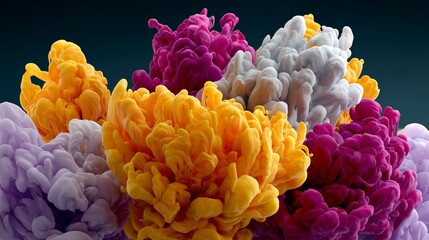 Bunch of colorful flowers are shown in a blurry, smokey effect. The flowers are a mix of yellow, orange, and purple, and they appear to be floating in the air