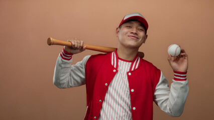 Young man in baseball uniform holding bat and ball confidently against isolated brown background...