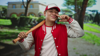 Young man in red baseball uniform playfully points to his nose with a bat resting on his shoulder...