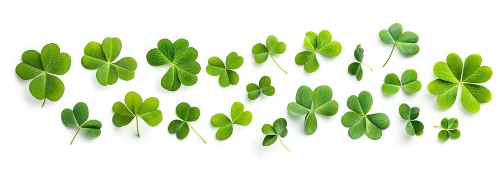 Green shamrocks scattered on a clean, white backdrop