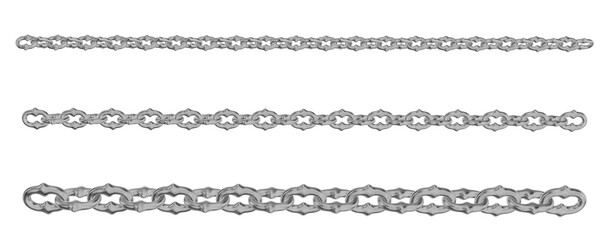 A captivating 3D render showcasing multiple strands of intricately designed metal chains, each link featuring ornate, gothic-inspired detailing with a gleaming metallic finish. Ideal for themes of fan