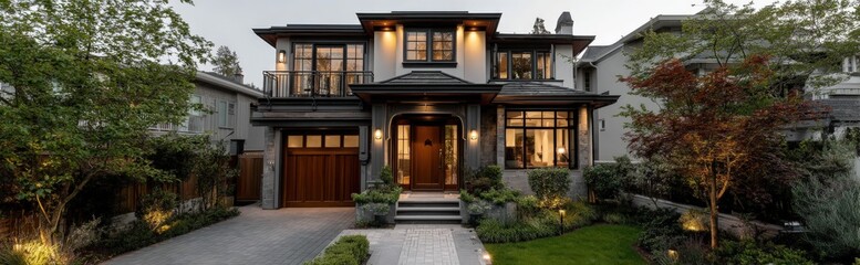 A large house with many windows is surrounded by trees and bushes