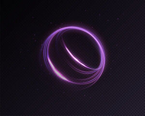Purple glowing ring with sparks and curved light stripes on dark background. Magic swirl for user interface, design and illustrations. Vector 10 EPS