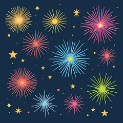 Naklejka premium Festive Colorful Fireworks and Sparkling Stars Seamless Pattern Vector Illustration on a Dark Sky, Perfect for Joyful Holiday Celebrations, New Year's Eve Event Invitations, or Dynamic Party Decor. 