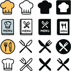 restaurant and cooking icon collection with chef hats menus and crossed utensils
