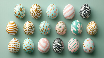 Decorated Easter eggs in pastel colors and gold accents arranged on a green background