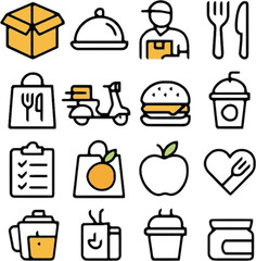 food delivery icon collection with scooter shopping bag and meal elements in modern style