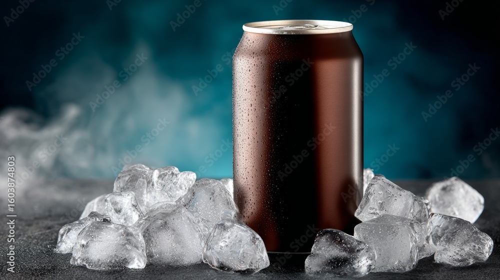 Poster can of soda is sitting on a table with a pile of ice cubes. the soda is cold and the ice cubes are m